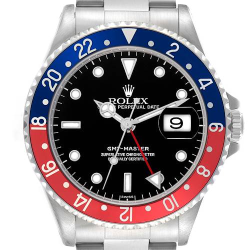The Rolex GMT-Master 16700 Men's Stainless Steel Black Dial 16700 Men's Stainless Steel Black Dial watch is shown from the front, highlighting its face, bezel, hands, and date display.