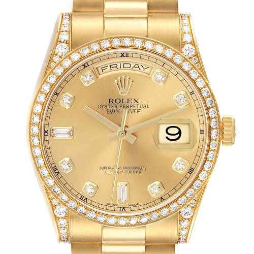 The Rolex President 118388 Men's Yellow Gold Champagne Dial 118388 Men's Yellow Gold Champagne Dial model is shown from a frontal angle, highlighting the gold dial, diamond bezel, and bracelet.