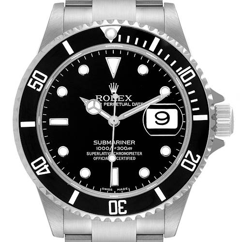 This is a frontal view of a Rolex Submariner 16610 Men's Stainless Steel Black Dial 16610 Men's Stainless Steel Black Dial watch showing its black dial, bezel, and stainless steel bracelet.