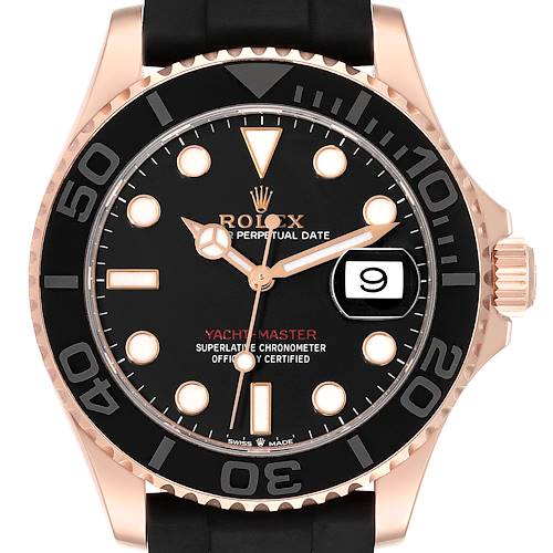 The Rolex Yacht-Master 126655 Men's Rose Gold Black Dial 126655 Men's Rose Gold Black Dial watch is shown from the front, displaying its dial, bezel, hands, and part of the strap.