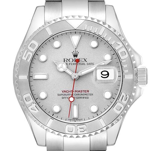 The Rolex Yacht-Master 16622 Men's Stainless Steel Silver Dial 16622 Men's Stainless Steel Silver Dial watch is shown from a top-down angle, highlighting the bezel, dial, hands, and date window.