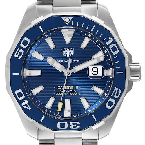 This image shows a close-up frontal view of the dial of a Tag Heuer Aquaracer WAY201B Men's Stainless Steel Blue Dial WAY201B Men's Stainless Steel Blue Dial watch, highlighting its blue face and bezel.