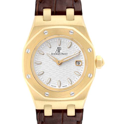 The image shows a front view of an Audemars Piguet Royal Oak 67600BA Women's Yellow Gold Silver Dial 67600BA Women's Yellow Gold Silver Dial watch, highlighting the dial, bezel, and crown.