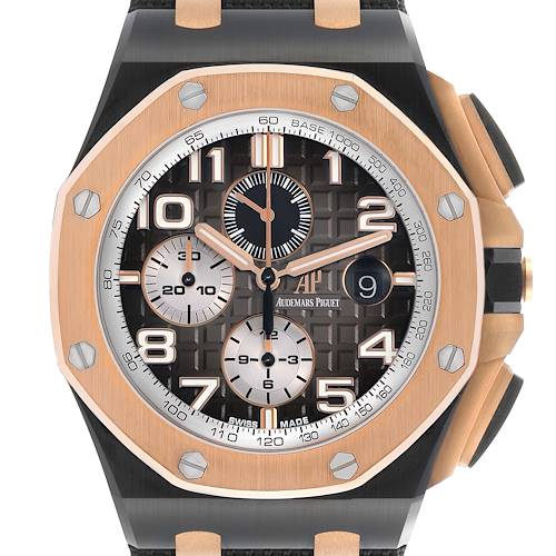 The Audemars Piguet Royal Oak Offshore 26405NR.OO.A002CA.01.A Men's Ceramic Grey Dial 26405NR.OO.A002CA.01.A Men's Ceramic Grey Dial is shown from a front angle, highlighting its octagonal bezel, dial, and chronograph subdials.