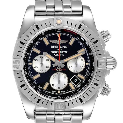The Breitling Chronomat AB01154G/BD13 Men's Stainless Steel Black Dial AB01154G/BD13 Men's Stainless Steel Black Dial watch is shown from a front angle, displaying the dial, bezel, crown, pushers, and bracelet.