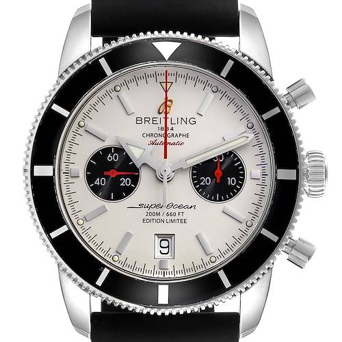 The Breitling Superocean A23320 Men's Stainless Steel Silver Dial A23320 Men's Stainless Steel Silver Dial watch is shown from the front, displaying the dial, bezel, crown, and part of the strap.