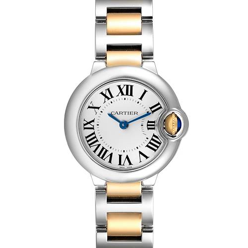 The image shows a front view of the Ballon Bleu model by Cartier, focusing on the dial and part of the bracelet.