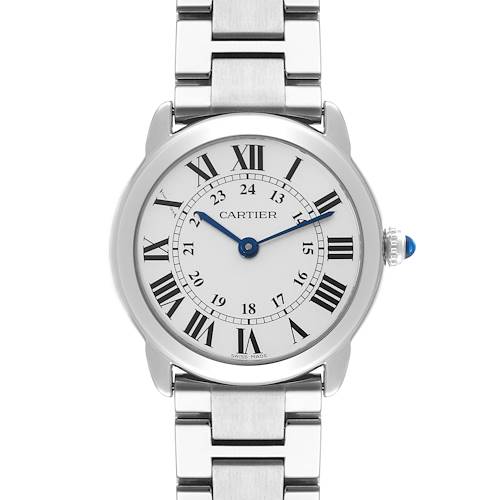 This is a front view of a Cartier Tank Solo W6701004 Women's Stainless Steel Silver Dial W6701004 Women's Stainless Steel Silver Dial watch, displaying its face, case, and metal strap.
