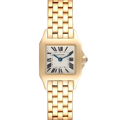 The image shows a front view of the Cartier Santos Demoiselle W25063X9 Women's Yellow Gold Silver Dial W25063X9 Women's Yellow Gold Silver Dial watch, highlighting its square face, Roman numerals, gold case, and gold bracelet.