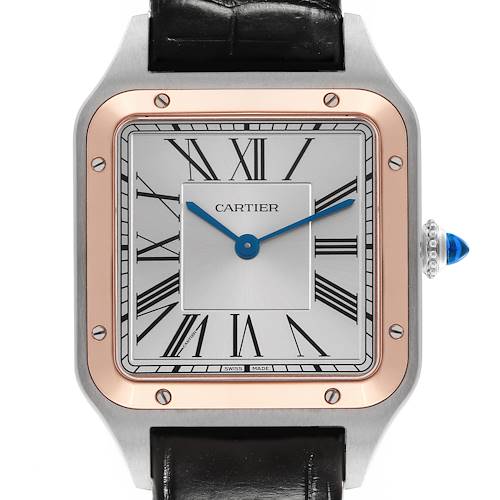 The Cartier Santos Dumont W2SA0011 Men's Steel and Gold (two tone) Silver Dial W2SA0011 Men's Steel and Gold (two tone) Silver Dial watch is shown from the front, highlighting its square dial, Roman numerals, and blue hands.