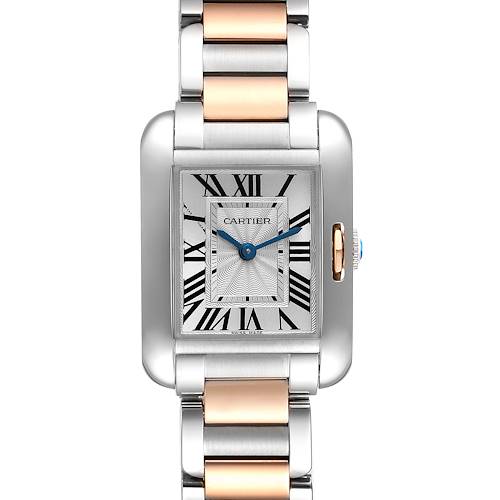 The image shows a front view of a Cartier Tank Anglaise W5310019 Women's Steel and Gold (two tone) Silver Dial W5310019 Women's Steel and Gold (two tone) Silver Dial watch, highlighting its rectangular face, Roman numerals, and two-tone bracelet.