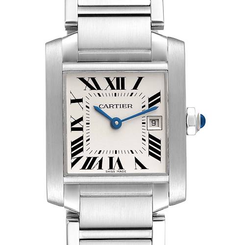 This image shows a front view of the Cartier Tank Francaise W51011Q3 Women's Stainless Steel Silver Dial W51011Q3 Women's Stainless Steel Silver Dial watch, highlighting the face, Roman numerals, and part of the bracelet.