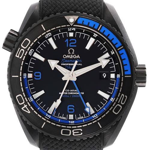 The image shows a front view of the Omega Planet Ocean 215.92.46.22.01.002 Men's Ceramic Black Dial 215.92.46.22.01.002 Men's Ceramic Black Dial watch, highlighting the dial, bezel, crown, and hands.