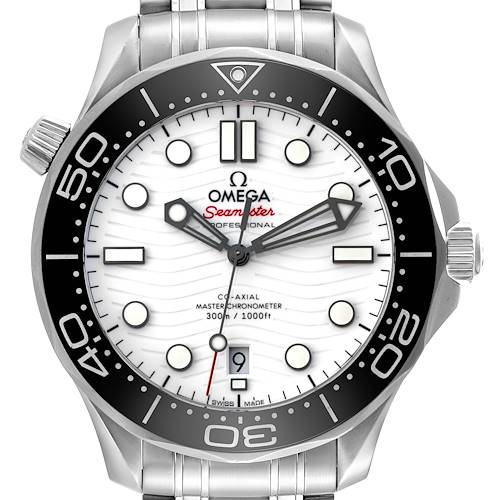 This Omega Seamaster 210.30.42.20.04.001 Men's Stainless Steel White Dial 210.30.42.20.04.001 Men's Stainless Steel White Dial watch is shown from the front, displaying the face, bezel, crown, and part of the metal bracelet.