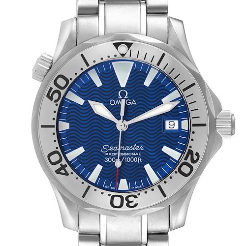 The Omega Seamaster 2263.80.00 Men's Stainless Steel Blue Dial 2263.80.00 Men's Stainless Steel Blue Dial watch is shown from the front, highlighting the dial, bezel, crown, and stainless steel bracelet.