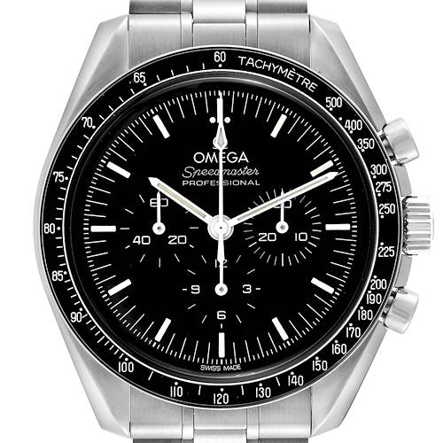 The image shows the front view of the Omega Speedmaster 310.30.42.50.01.001 Men's Stainless Steel Black Dial 310.30.42.50.01.001 Men's Stainless Steel Black Dial Professional watch face, including its bezel and chronograph subdials.