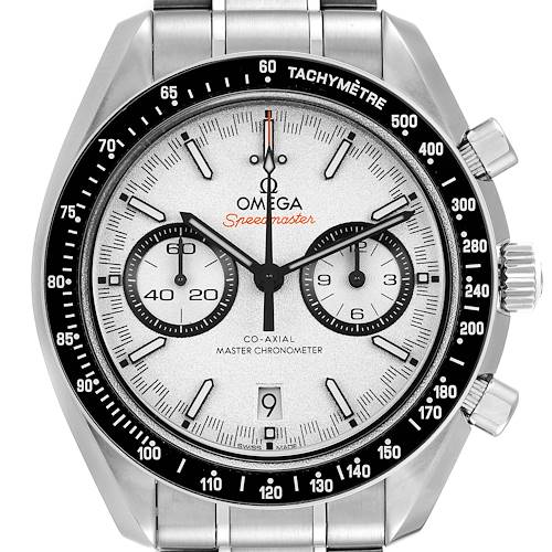 This image shows a front view of the Omega Speedmaster 329.30.44.51.04.001 Men's Stainless Steel White Dial 329.30.44.51.04.001 Men's Stainless Steel White Dial watch, highlighting its dial, bezel, and chronograph functions.