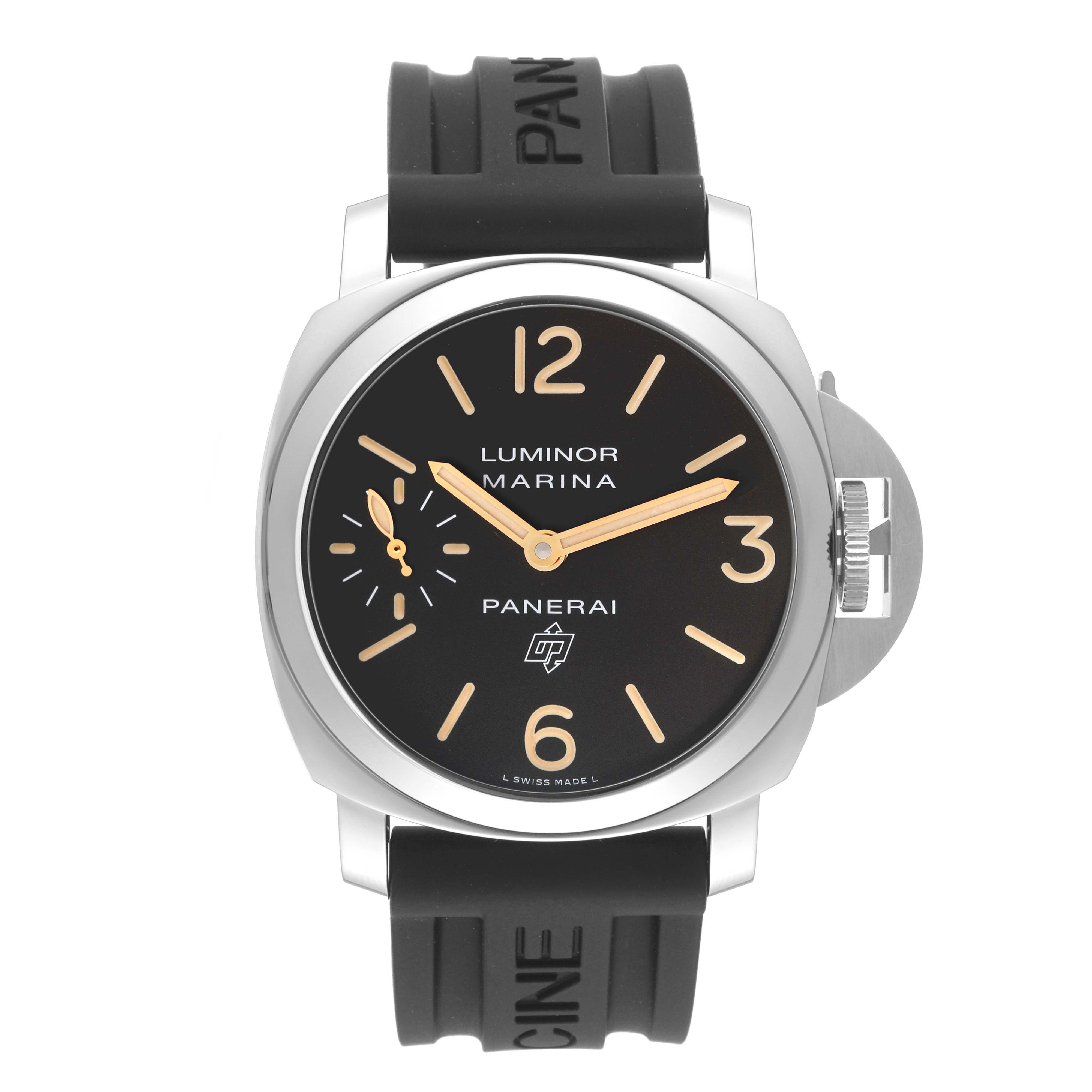 The image shows a front view of the Panerai Luminor PAM00632 Men's Stainless Steel Brown Dial PAM00632 Men's Stainless Steel Brown Dial Marina watch, highlighting its black dial and rubber strap.
