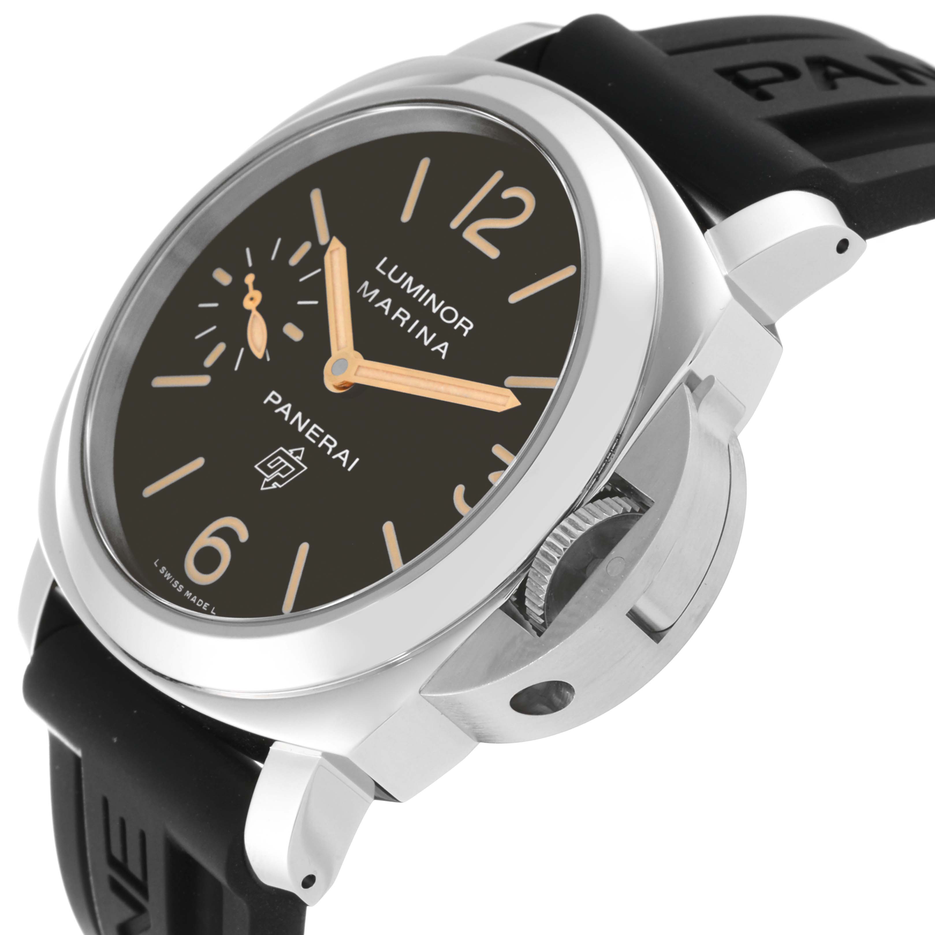 The image shows a close-up side angle of the Panerai Luminor PAM00632 Men's Stainless Steel Brown Dial PAM00632 Men's Stainless Steel Brown Dial Marina watch, highlighting the dial, case, crown, and strap.