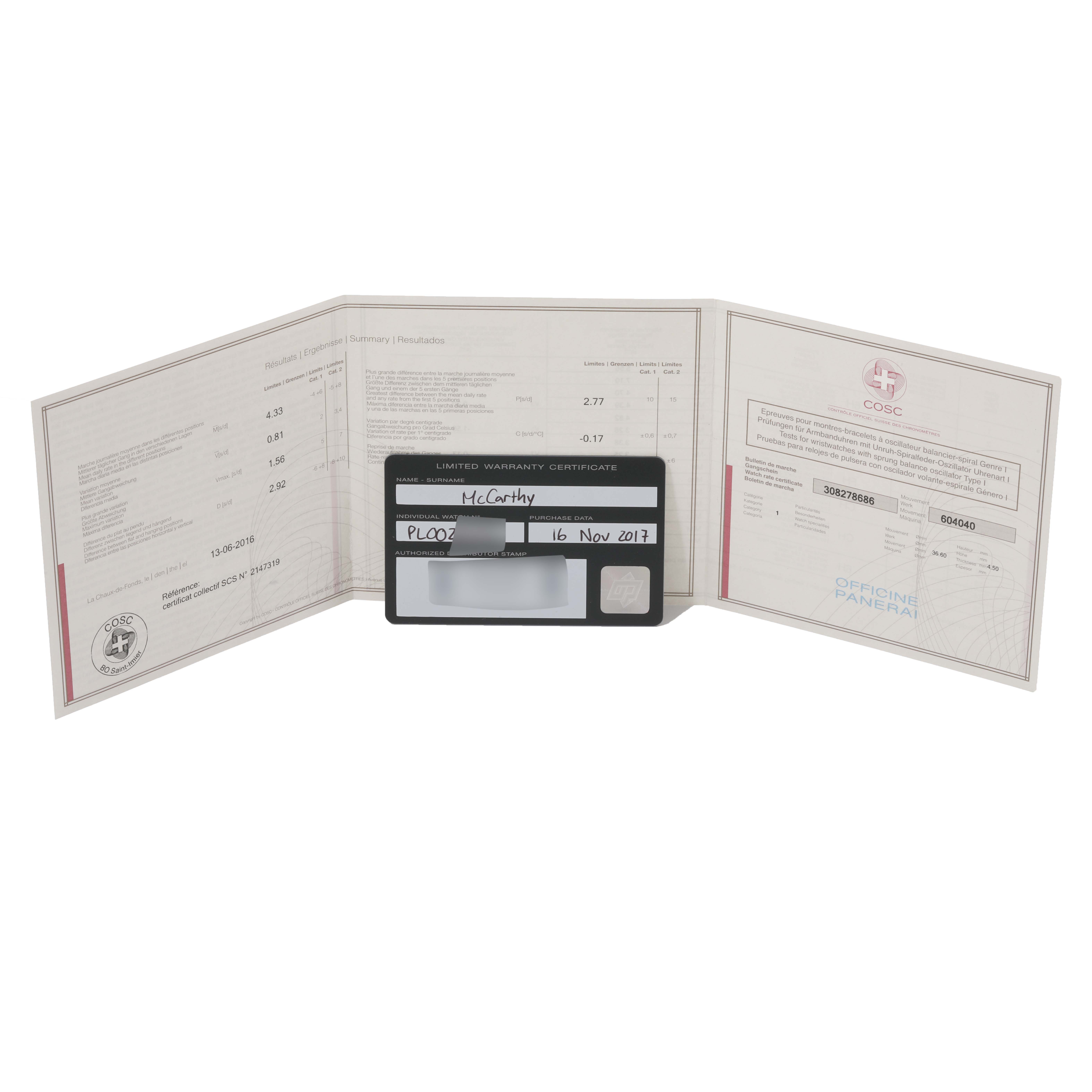 The image shows an open warranty booklet and a warranty card for the Panerai Luminor PAM00632 Men's Stainless Steel Brown Dial PAM00632 Men's Stainless Steel Brown Dial watch from a front angle.