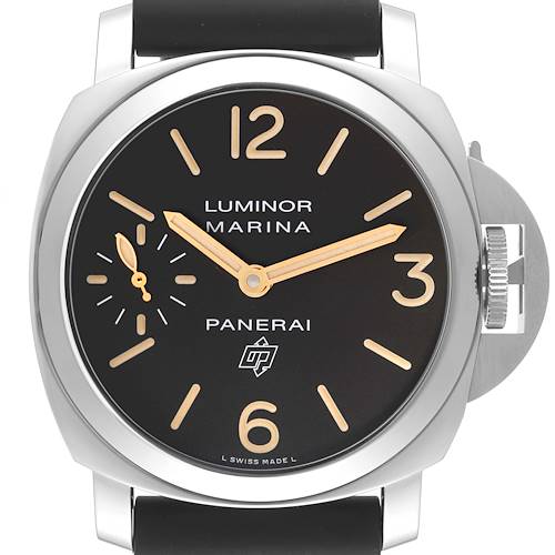 The image shows a front view of a Panerai Luminor PAM00632 Men's Stainless Steel Brown Dial PAM00632 Men's Stainless Steel Brown Dial Marina watch, featuring its dial, hands, numerals, and crown guard.