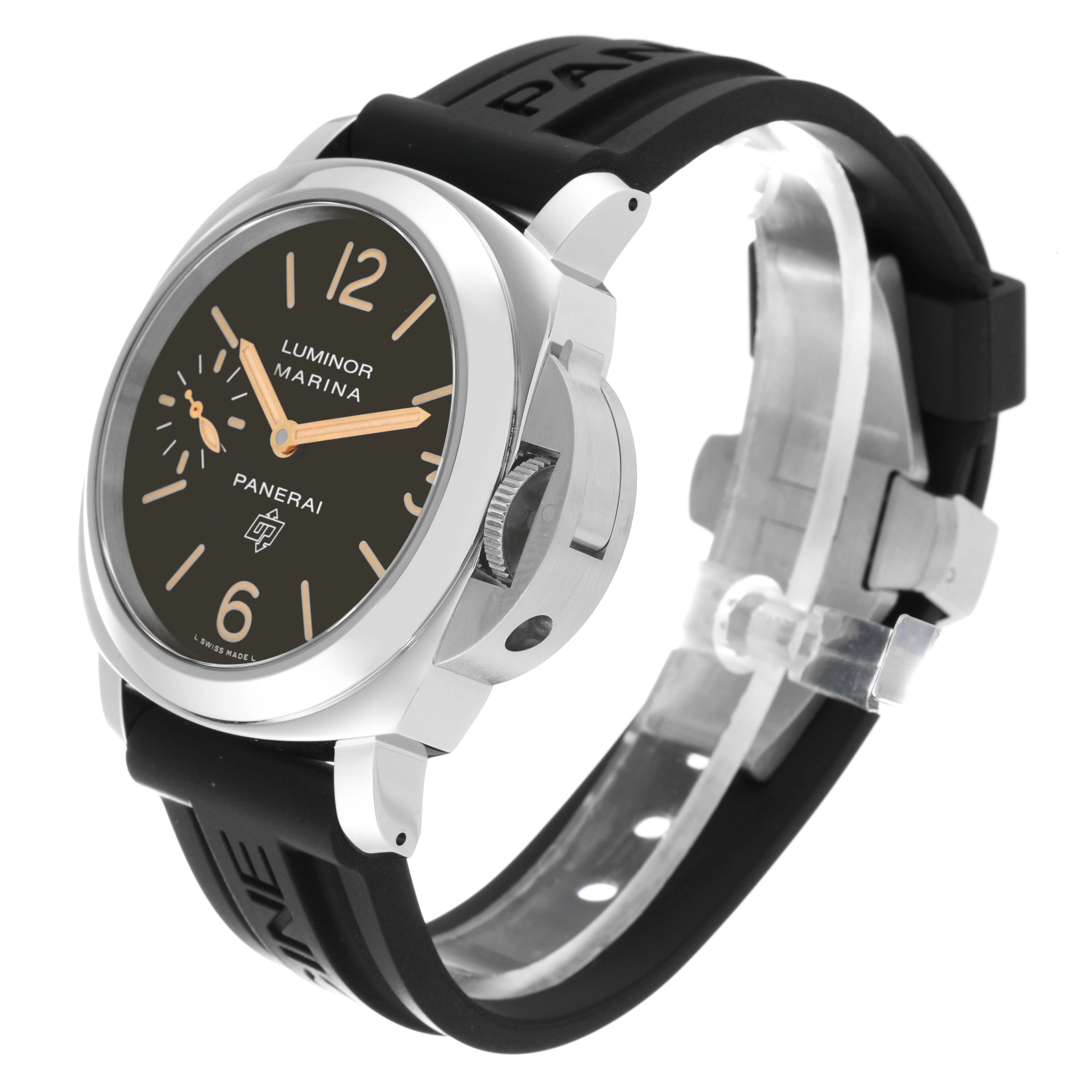 This image shows a side and angled front view of the Panerai Luminor PAM00632 Men's Stainless Steel Brown Dial PAM00632 Men's Stainless Steel Brown Dial watch, highlighting the dial, case, and strap.