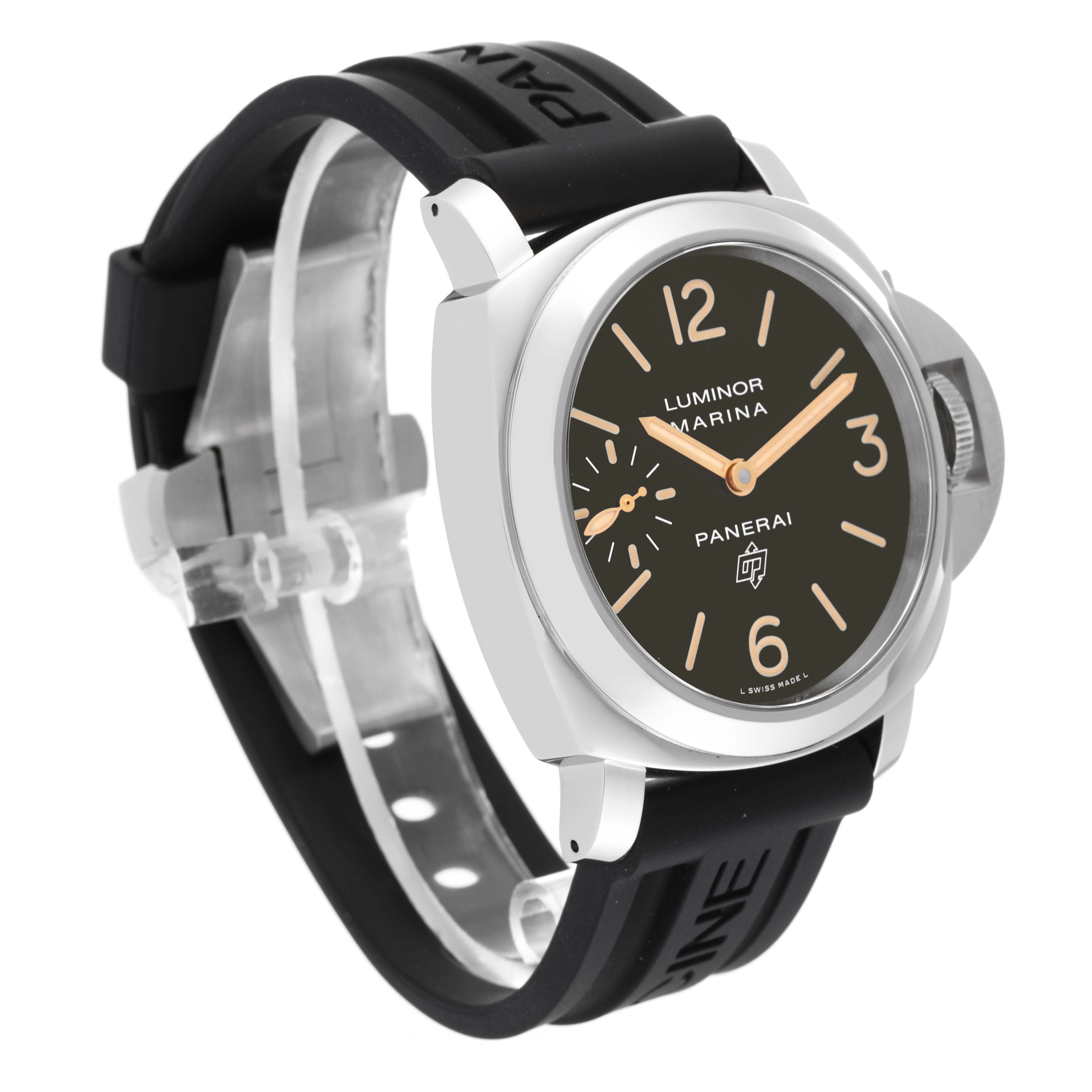 The Panerai Luminor PAM00632 Men's Stainless Steel Brown Dial PAM00632 Men's Stainless Steel Brown Dial watch is shown at an angle displaying the front dial, crown guard, and black strap.