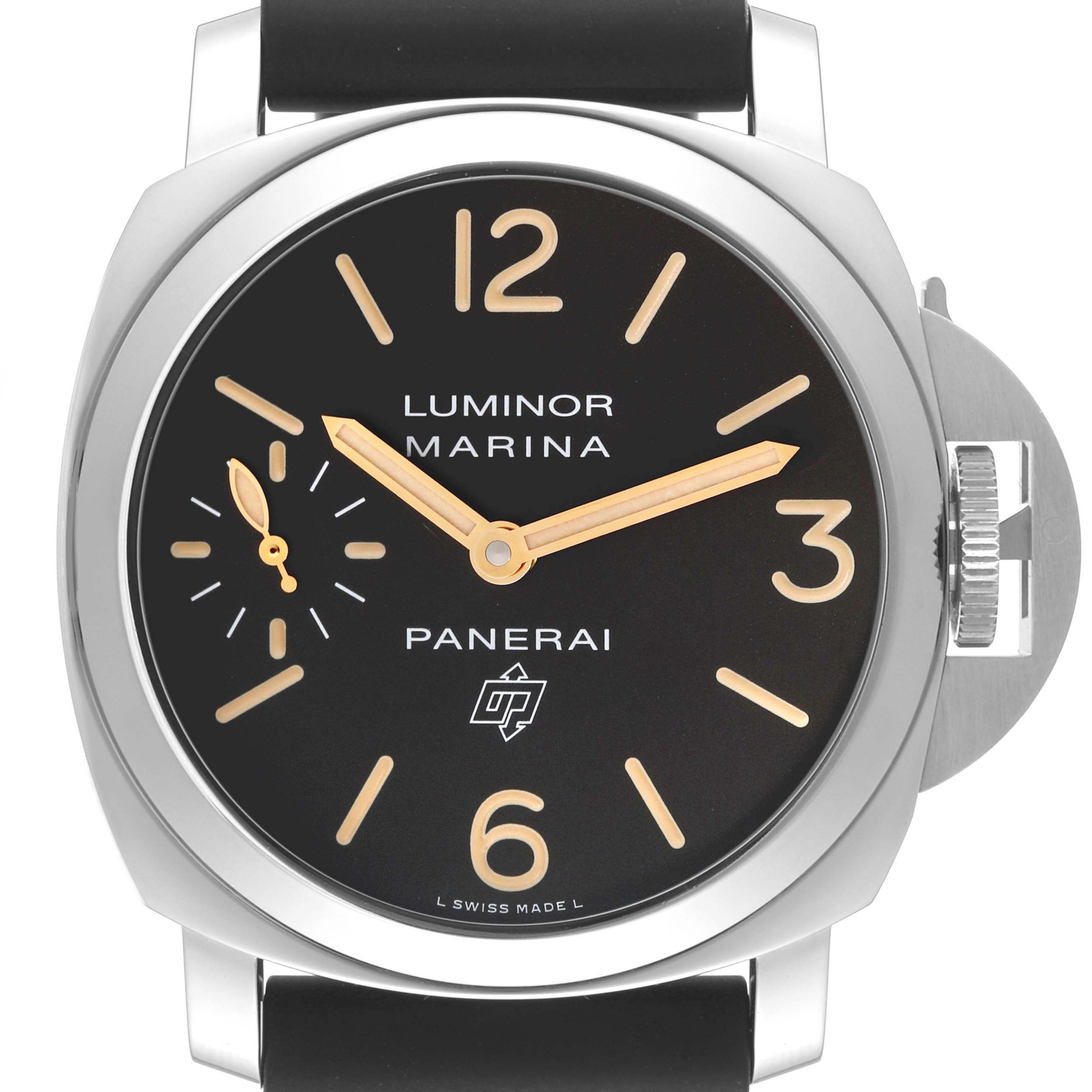 The image shows a front view of the Panerai Luminor PAM00632 Men's Stainless Steel Brown Dial PAM00632 Men's Stainless Steel Brown Dial Marina watch, highlighting the face, hands, and crown guard.