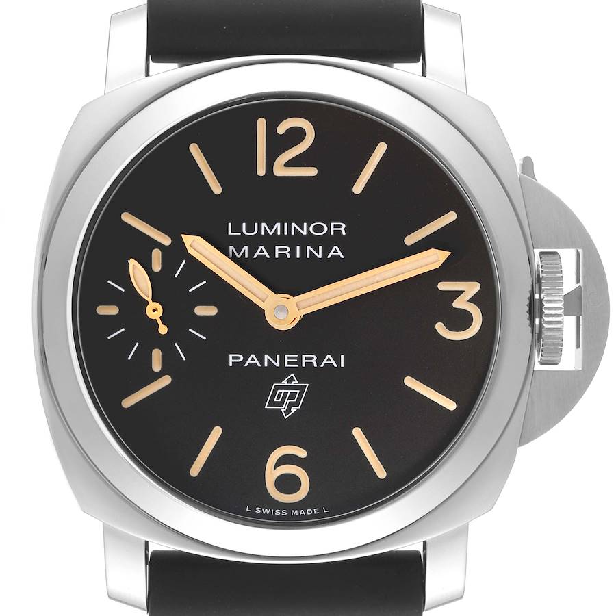 The image shows a front view of the Panerai Luminor PAM00632 Men's Stainless Steel Brown Dial PAM00632 Men's Stainless Steel Brown Dial Marina watch, highlighting the face, hands, and crown guard.