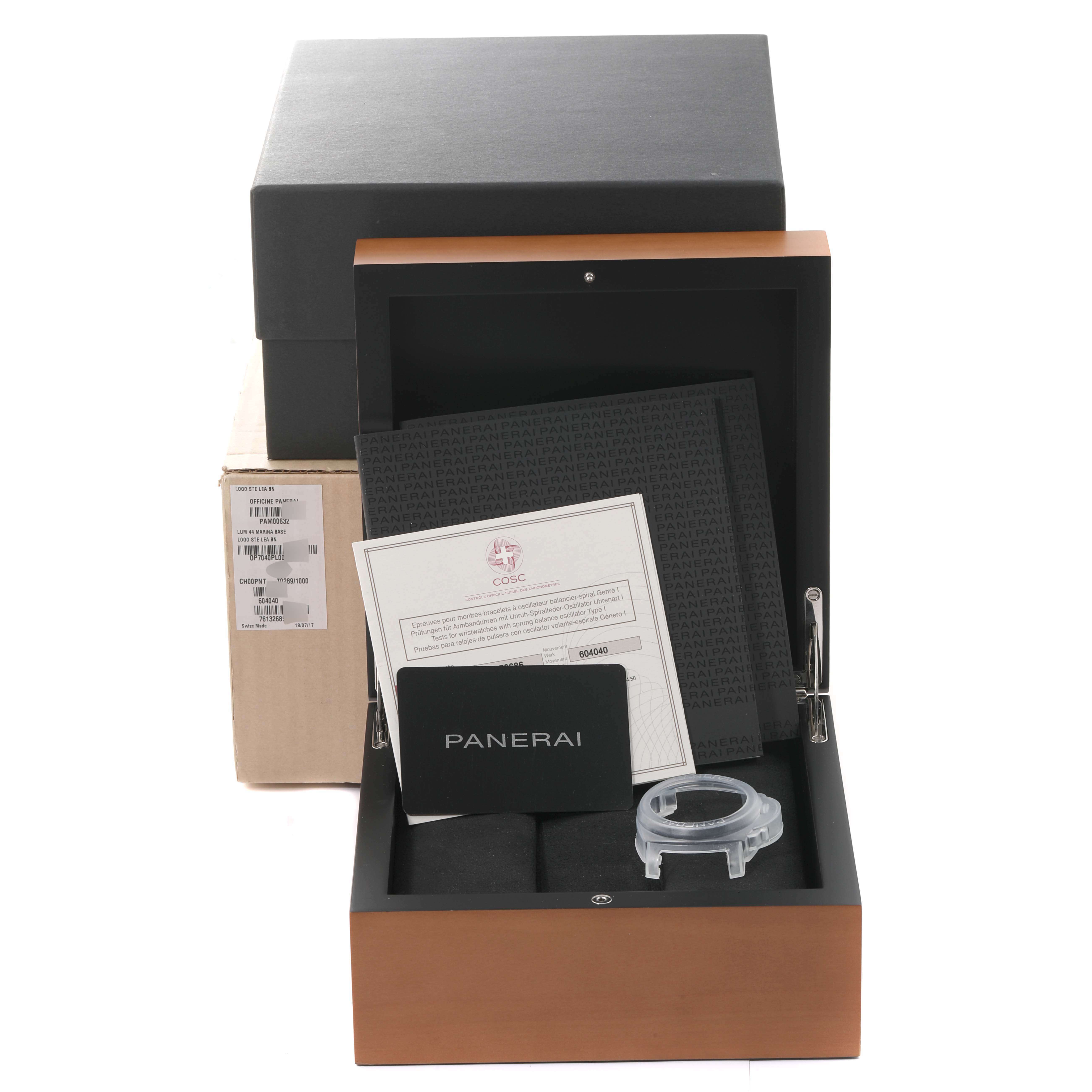 This image shows the packaging and accessories for the Panerai Luminor PAM00632 Men's Stainless Steel Brown Dial PAM00632 Men's Stainless Steel Brown Dial watch, including documentation and a watch case.
