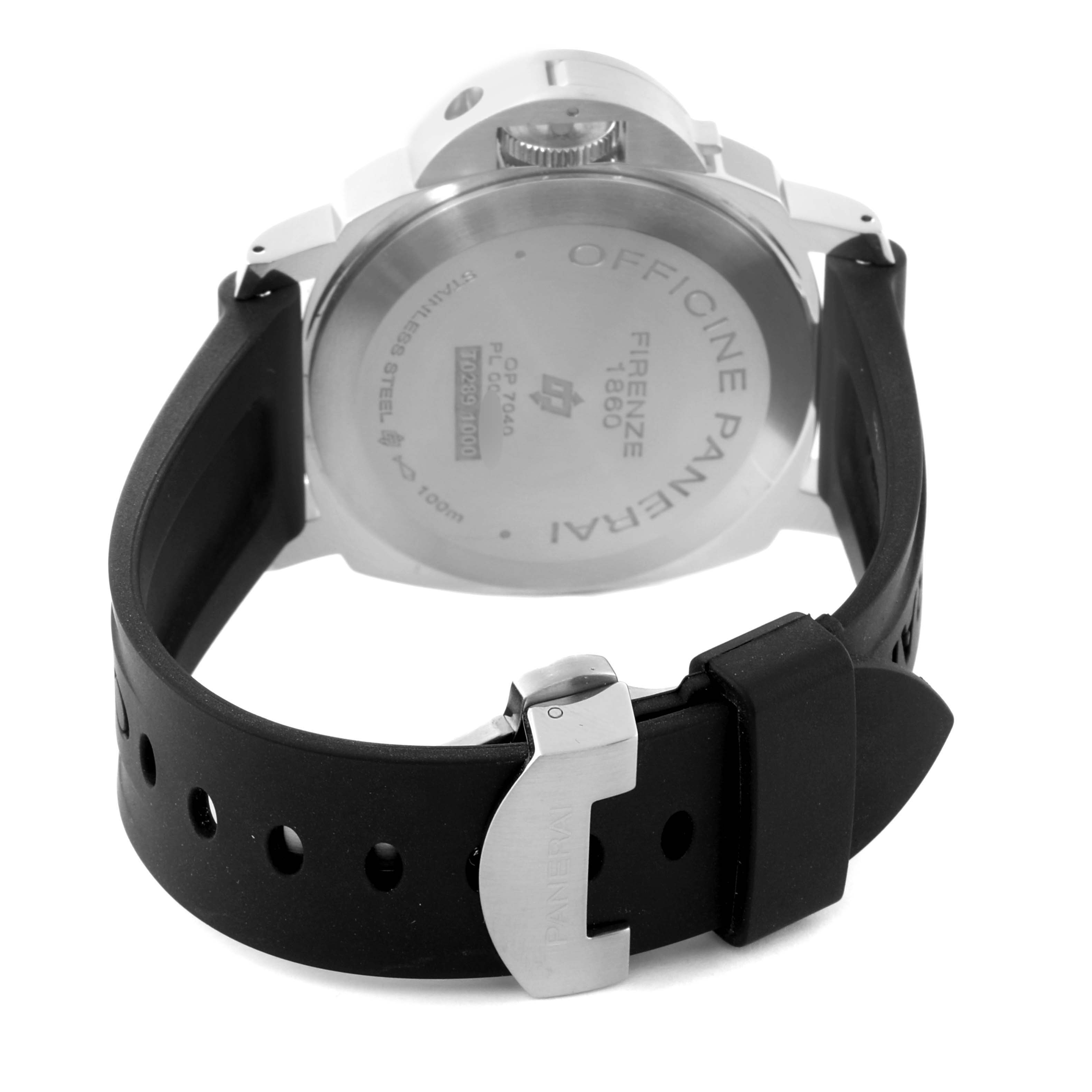 The image shows the back casing and the buckle of the strap of a Panerai Luminor PAM00632 Men's Stainless Steel Brown Dial PAM00632 Men's Stainless Steel Brown Dial watch.