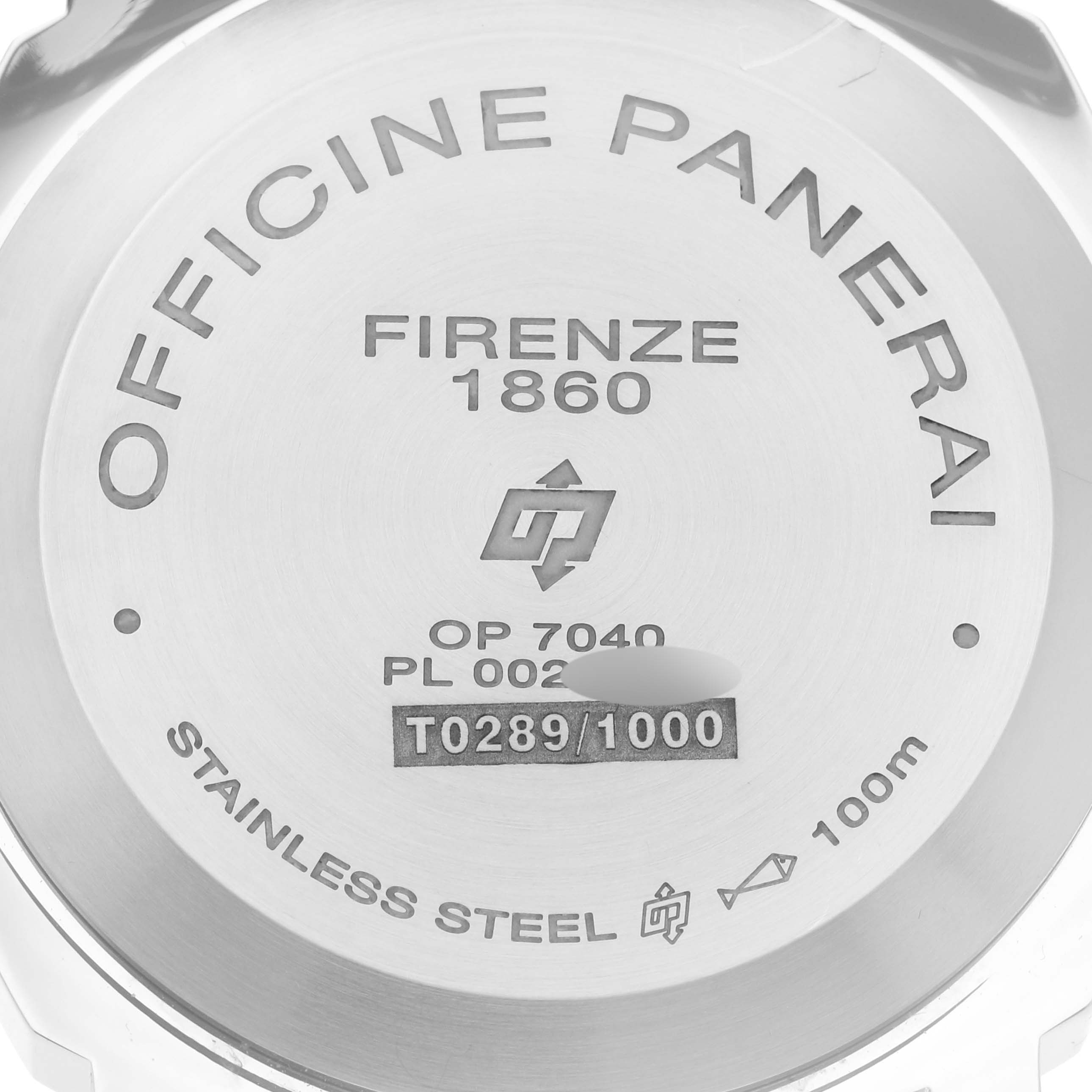 The image shows the case back of a Panerai Luminor PAM00632 Men's Stainless Steel Brown Dial PAM00632 Men's Stainless Steel Brown Dial watch, illustrating various engravings and specifications.