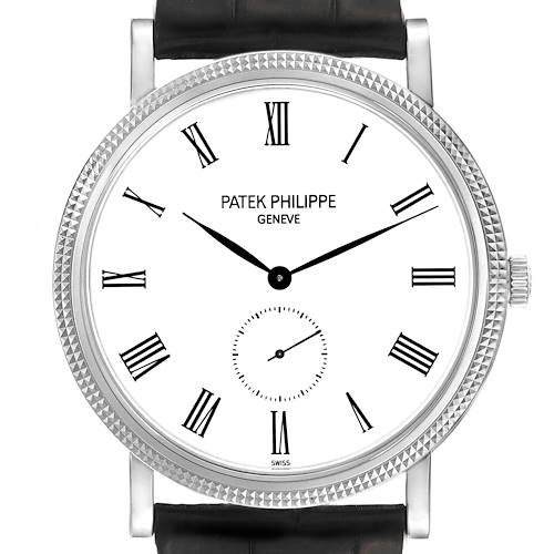 The image shows a front view of the dial and bezel of a Patek Philippe Calatrava 5119G-001 Men's White Gold White Dial 5119G-001 Men's White Gold White Dial watch.