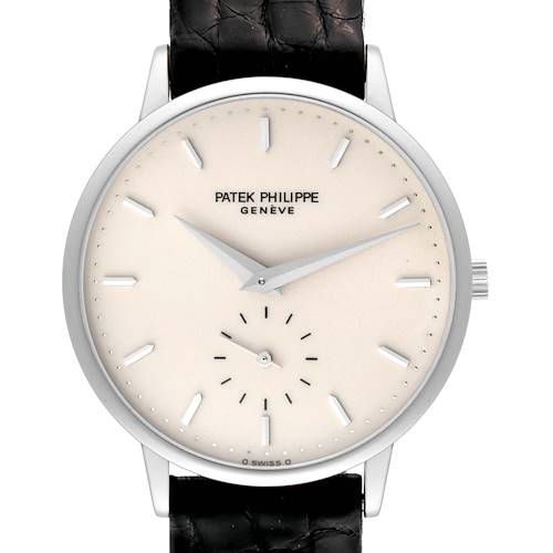 The image shows a front-facing view of a Patek Philippe Calatrava 3893G Men's White Gold White Dial 3893G Men's White Gold White Dial watch with a white dial and black leather strap.