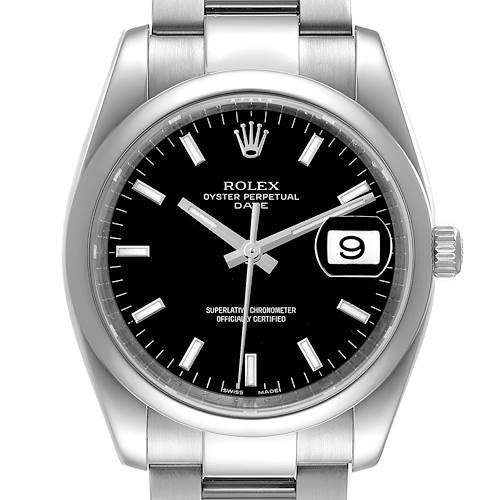 The Rolex Oyster Perpetual Date watch is shown from a front view, displaying the dial, bezel, and a portion of the bracelet.