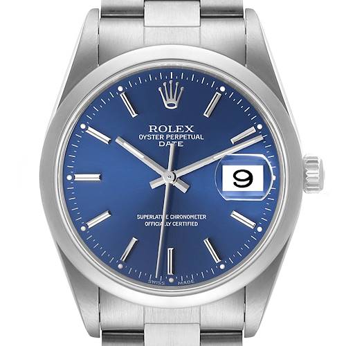 The image shows a front view of the Rolex Date 15200 Men's Stainless Steel Blue Dial 15200 Men's Stainless Steel Blue Dial model watch, highlighting the blue dial, date window, and bracelet.