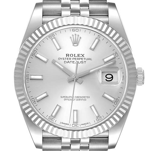 This is a front view of the Rolex Datejust 41 126334 Men's Stainless Steel Silver Dial 126334 Men's Stainless Steel Silver Dial, showing the dial, bezel, hands, and part of the bracelet.