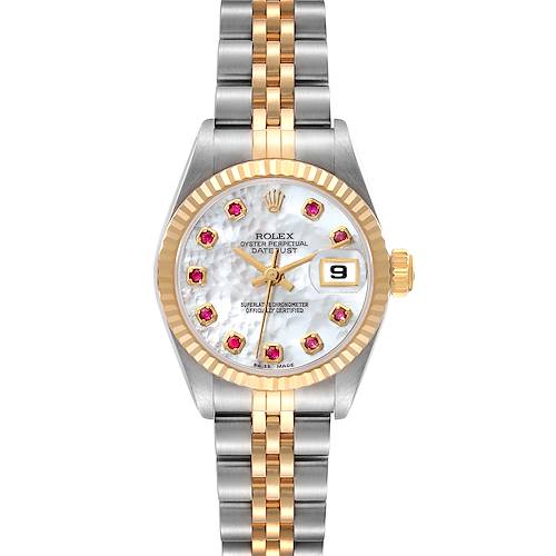 The image shows a front view of the Rolex Datejust 69173 Women's Steel and Gold (two tone) Mother of Pearl Dial 69173 Women's Steel and Gold (two tone) Mother of Pearl Dial watch, featuring a two-tone band and a bejeweled white dial with a date display.