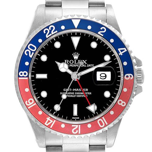 The image shows the front view of the Rolex GMT-Master 16700 Men's Stainless Steel Black Dial 16700 Men's Stainless Steel Black Dial watch, detailing the bezel, dial, hands, and date window.