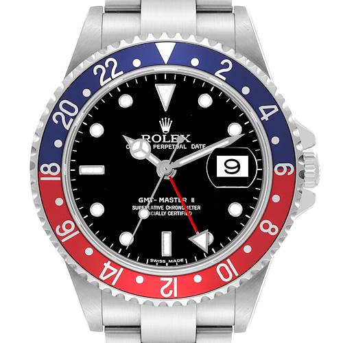 This image shows a Rolex GMT-Master 16710 Men's Stainless Steel Black Dial 16710 Men's Stainless Steel Black Dial II watch face with the two-tone red and blue bezel, black dial, and date window at 3 o'clock.
