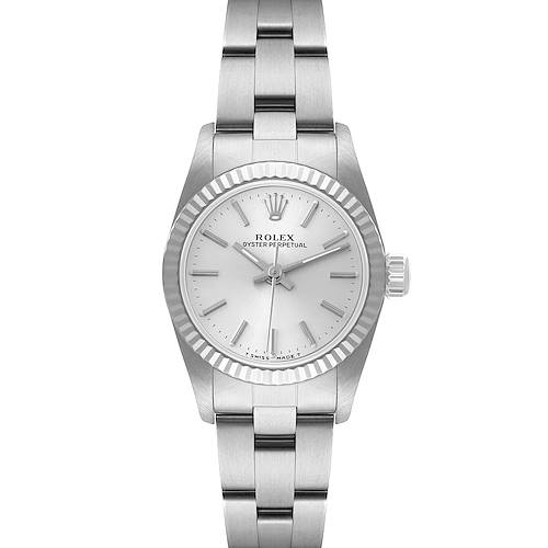 This image shows a front view of the Rolex Oyster Perpetual 67194 Women's Stainless Steel Silver Dial 67194 Women's Stainless Steel Silver Dial watch, featuring its dial, bezel, bracelet, and crown.