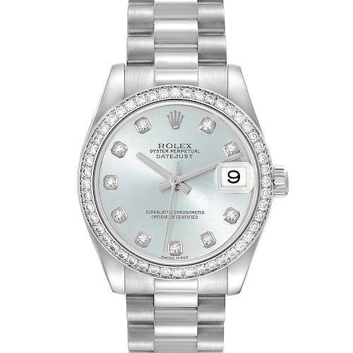 This image shows a frontal view of the Rolex President 178286 Women's Platinum Blue Dial 178286 Women's Platinum Blue Dial model, highlighting the face, bezel, and bracelet.
