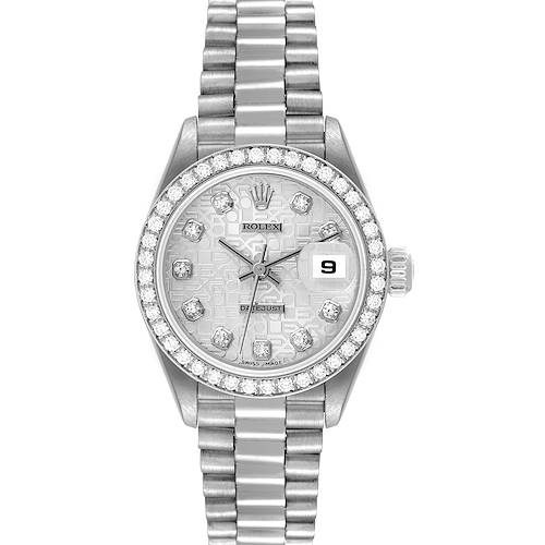 The Rolex President 69136 Women's Platinum Silver Dial 69136 Women's Platinum Silver Dial model watch is shown from a front angle, displaying the face, bezel, bracelet, and date window.