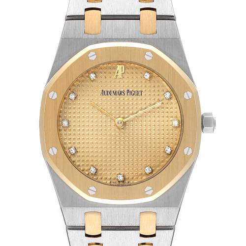 This image shows a front view of the Audemars Piguet Royal Oak 56303SA Men's Steel and Gold (two tone) Champagne Dial 56303SA Men's Steel and Gold (two tone) Champagne Dial watch, highlighting the dial, bezel, hands, and part of the bracelet.