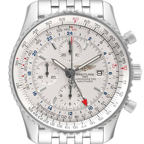 The Breitling Navitimer A24322 Men's Stainless Steel Silver Dial A24322 Men's Stainless Steel Silver Dial watch is shown from a front angle, displaying its face, sub-dials, hands, and part of the metal bracelet.