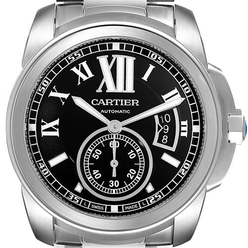 This image shows a front view of a Calibre de Cartier watch by Cartier, displaying the dial, hands, and date.