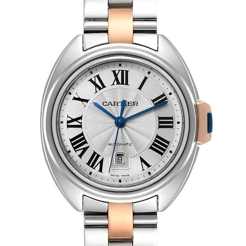 This is a front view of the Cartier Clé model watch, showing its dial, hands, and part of the bracelet.