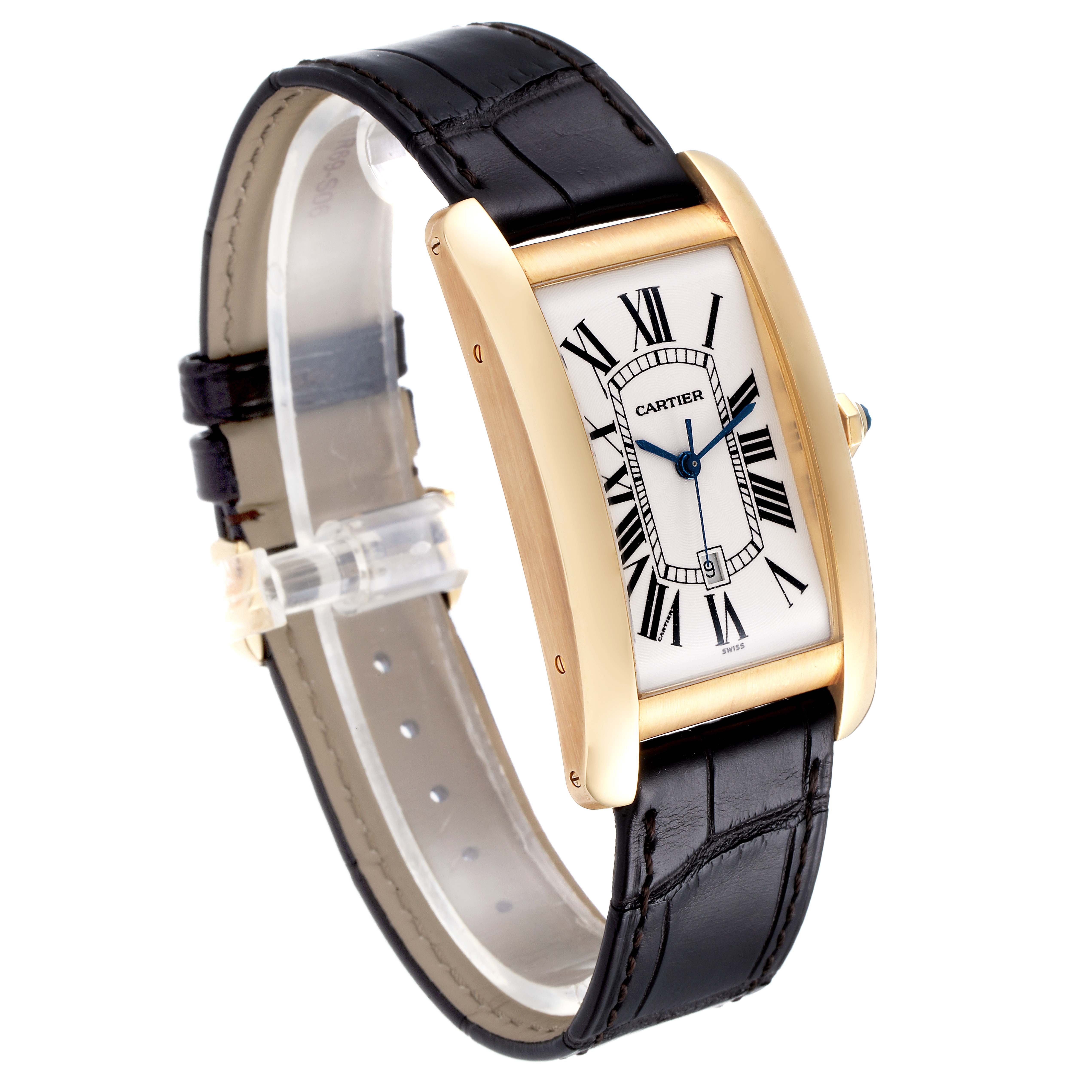 The image shows a Cartier Tank Americaine W2603156 Men's Yellow Gold Silver Dial W2603156 Men's Yellow Gold Silver Dial watch at a three-quarter angle, highlighting the face, strap, and case.