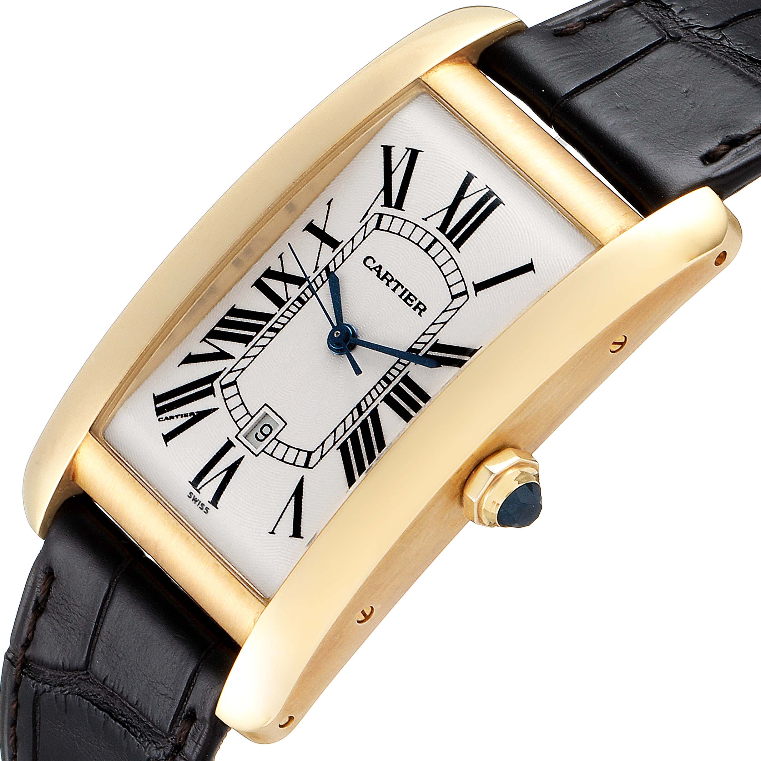 This image shows a Cartier Tank Americaine W2603156 Men's Yellow Gold Silver Dial W2603156 Men's Yellow Gold Silver Dial watch at an angled view, highlighting the face, Roman numerals, crown, and leather strap.