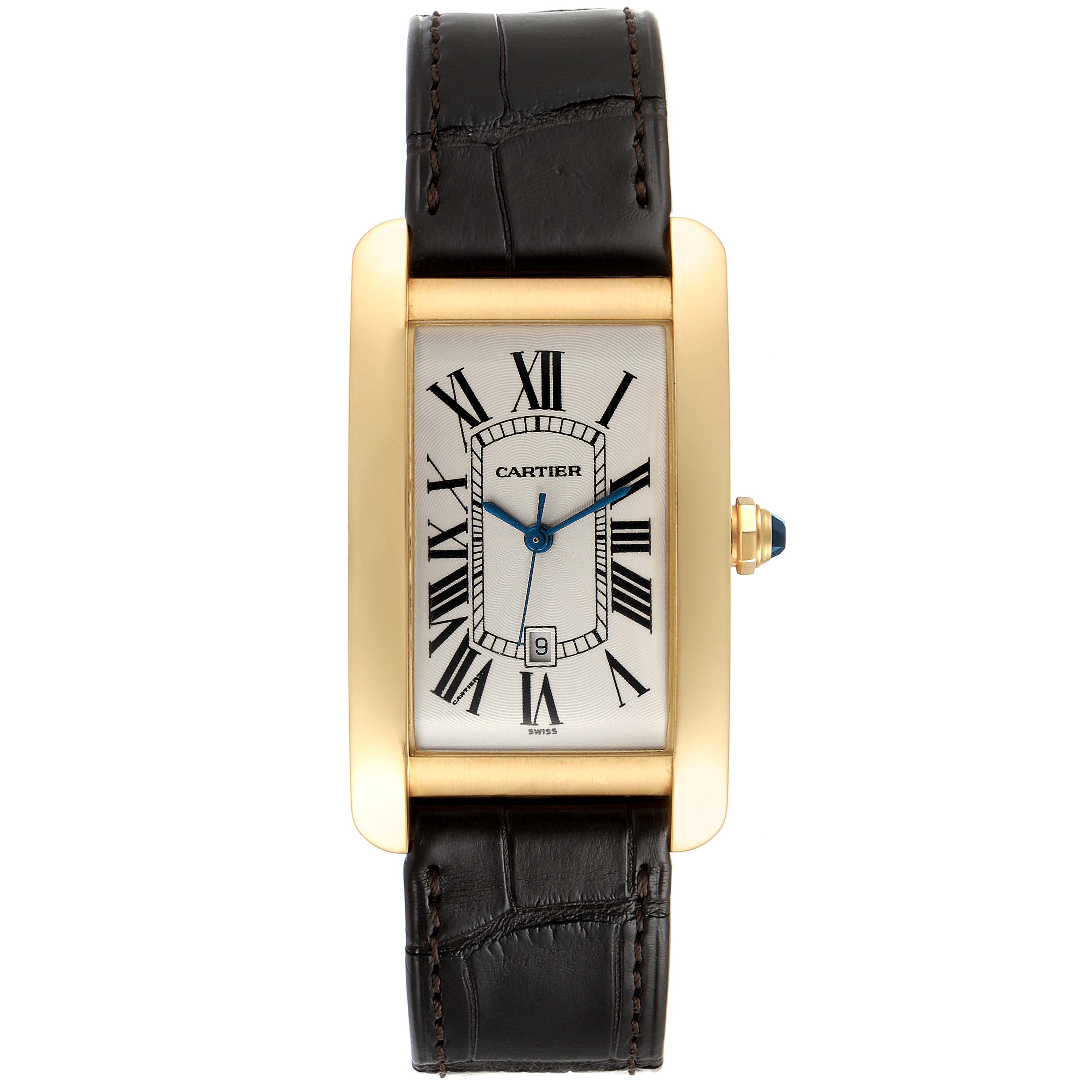 The Cartier Tank Americaine W2603156 Men's Yellow Gold Silver Dial W2603156 Men's Yellow Gold Silver Dial watch is shown from the front, displaying its rectangular face, Roman numerals, and leather strap.